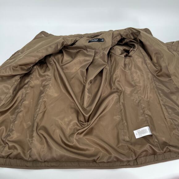 Lauren Ralph Lauren Quilted Jacket Women Large Logo Tan Puffer Faux Leather Trim - Picture 6 of 10